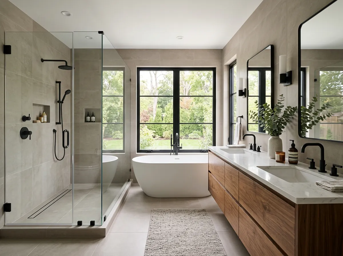 Master bathroom remodel with custom tiled shower in Frisco, TX