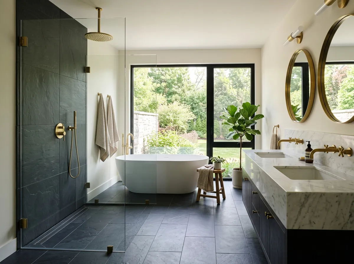 Spa-style bathroom remodel with freestanding tub in Plano, TX